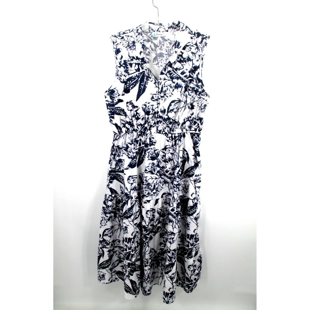 LAPOGEE Womens L White Black Floral Sleeveless Midi Fit Flare Shirt Dress Cotton